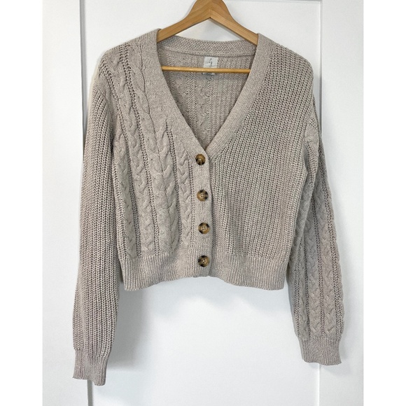 Joie Oatmeal Cable Knit Cotton Blend Button Up Cropped Cardigan - Picture 1 of 9